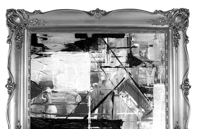 Abstract artwork in an ornate silver frame
